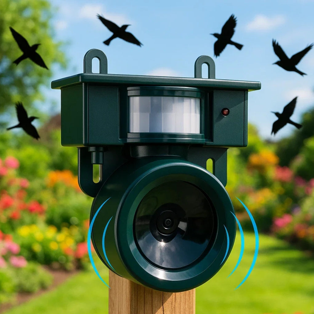 Outdoor solar bird repeller with motion sensor & sound deterrent for garden pest control.