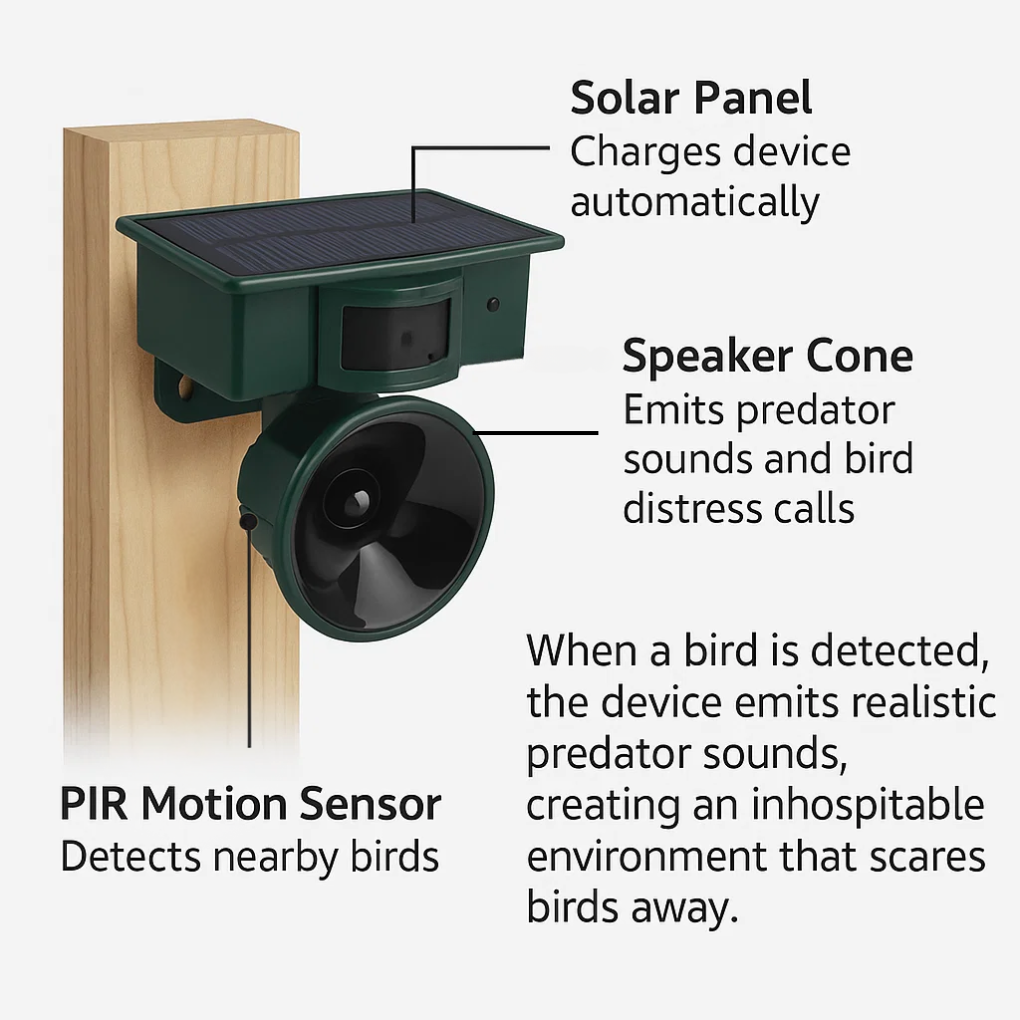 Solar-powered bird repeller safeguarding gardens & yards from unwanted wildlife with motion detection.