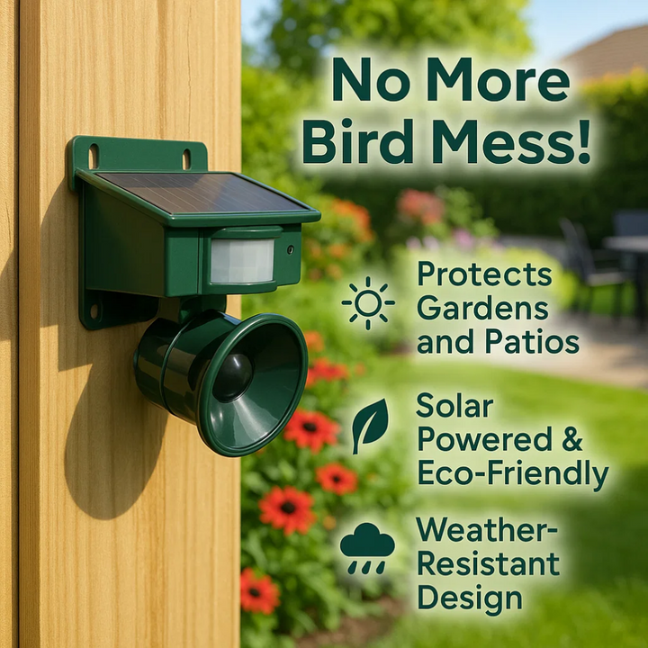 Garden protector: Solar bird repeller featuring a motion sensor and sound for effective pest control.