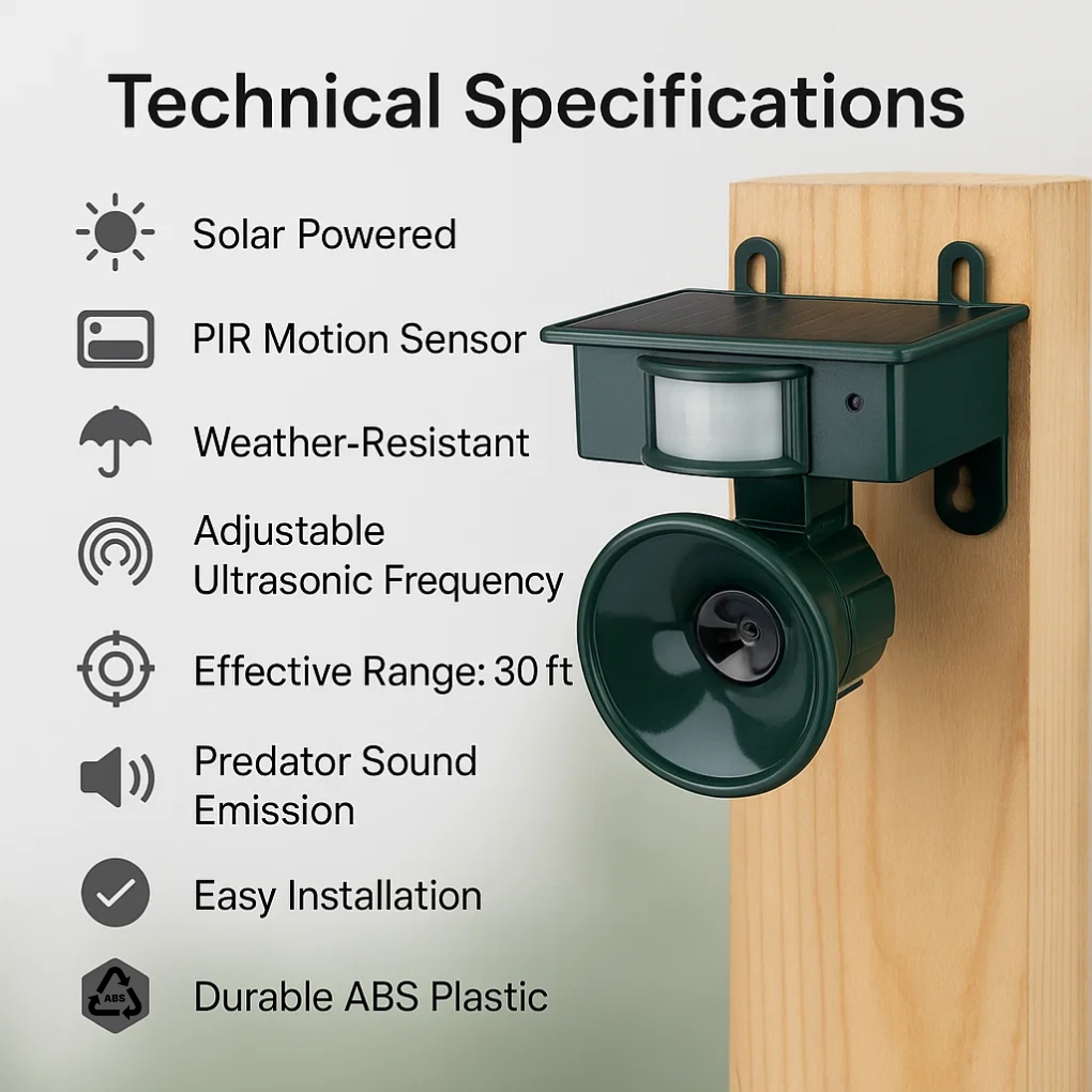 Compact outdoor bird repeller, solar-charged, using motion-activated sound to deter garden pests.