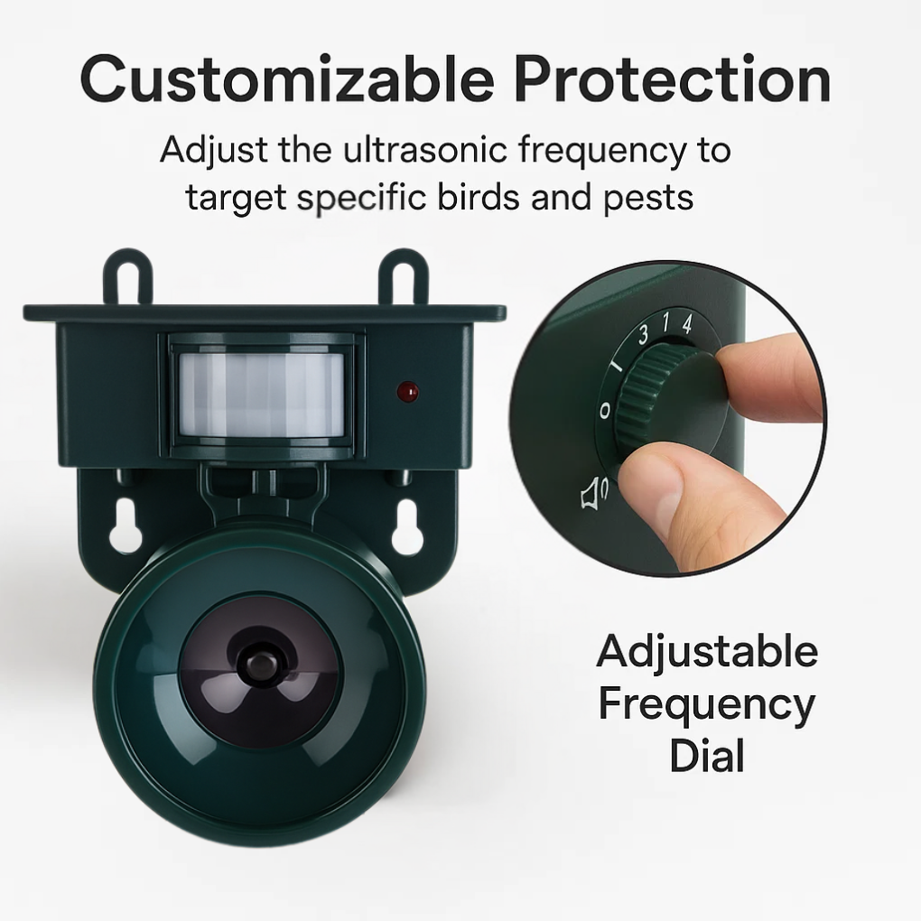 Advanced solar bird repeller with ultrasonic & audible sound to protect your yard & plants.