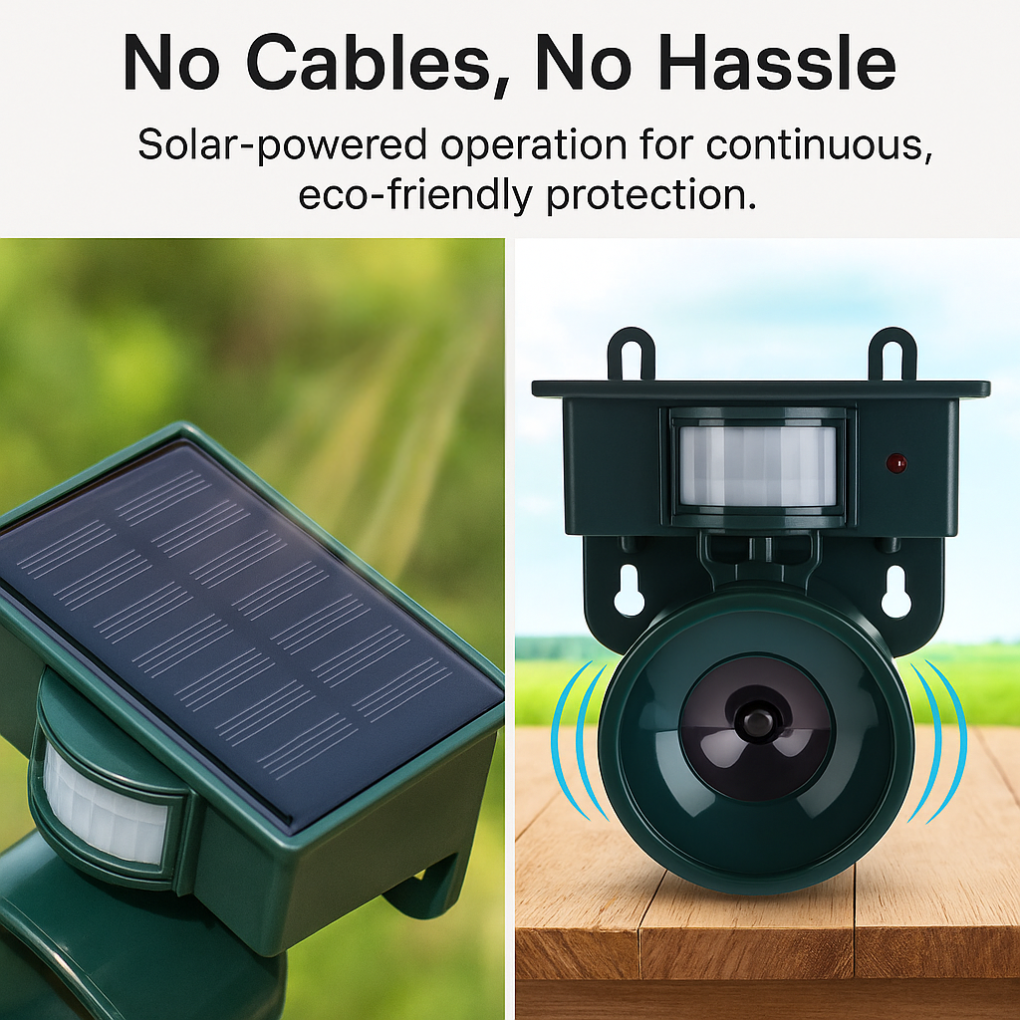 Keep birds away: Solar motion sensor bird repeller providing sound deterrent for garden areas.