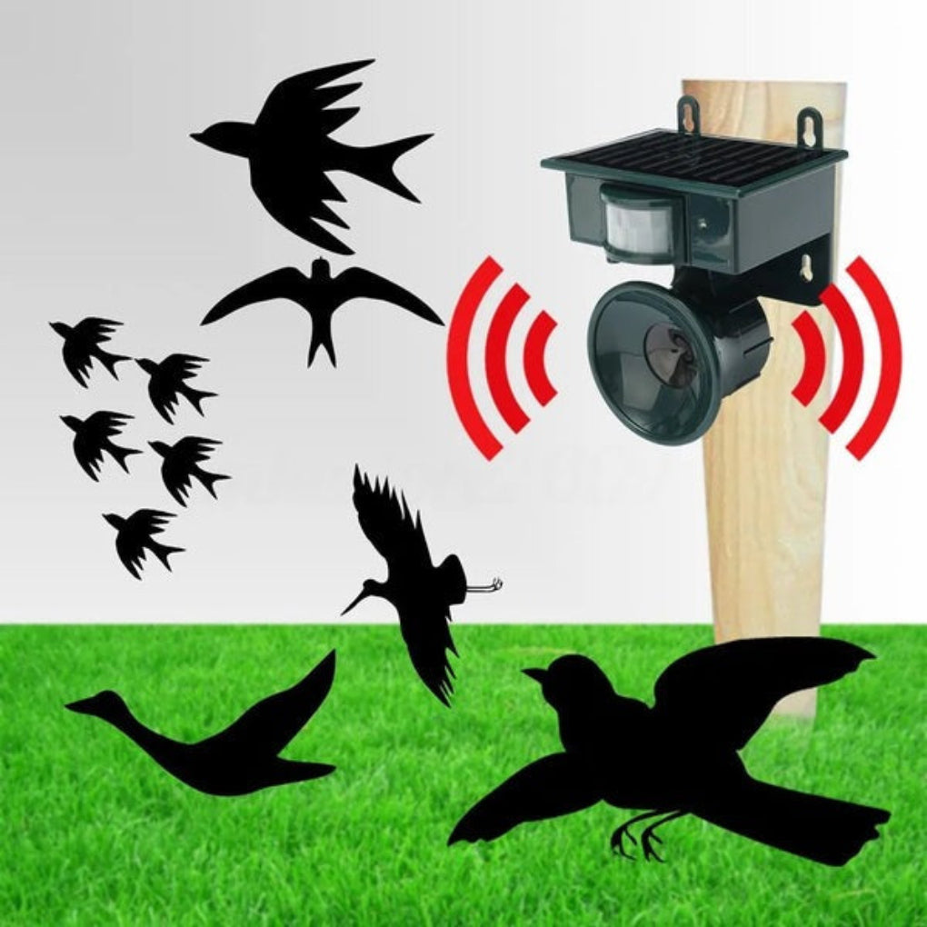 Front view of the solar bird repeller, showcasing its panel, motion sensor, and sound outlet.