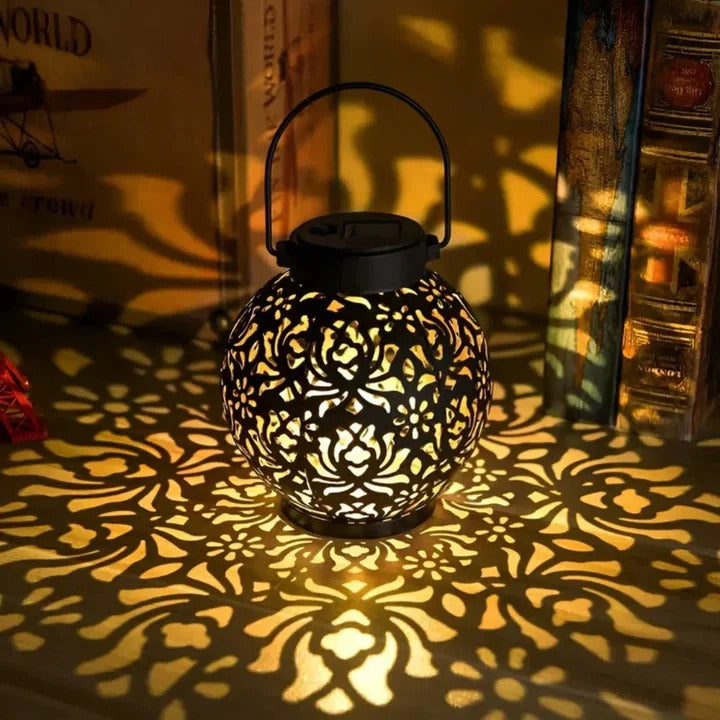 Outdoor solar LED pendant light with remote control, perfect for garden, patio, or deck lighting.