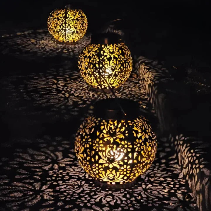 Sleek outdoor solar LED pendant light, weatherproof design ideal for garden paths, patios, and deck illumination.