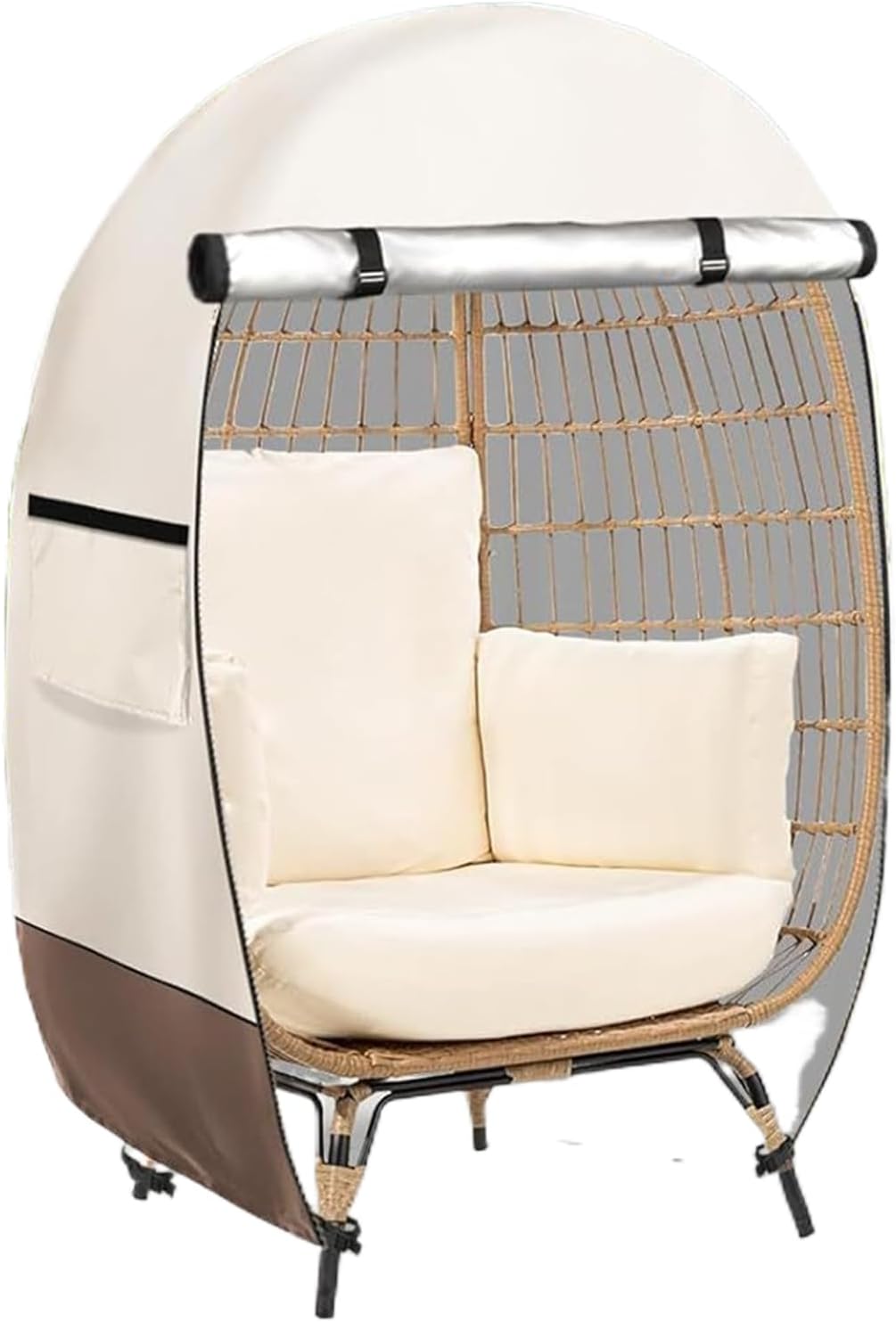 Outdoor waterproof egg chair cover with double zipper for patio furniture protection.