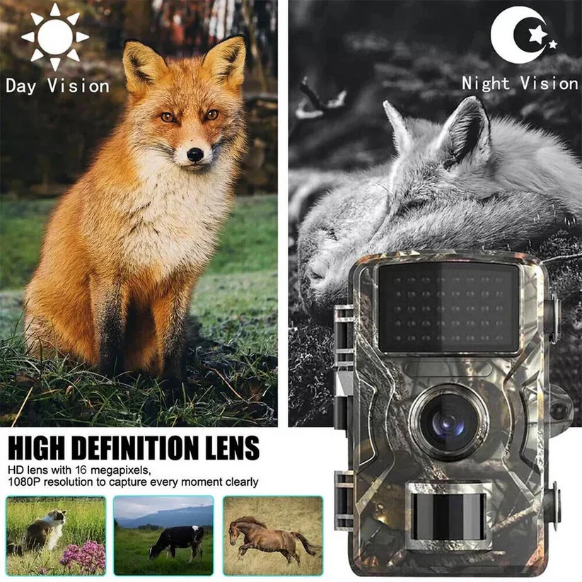 Motion-activated hunting camera with night vision, ideal for wildlife surveillance & property security.