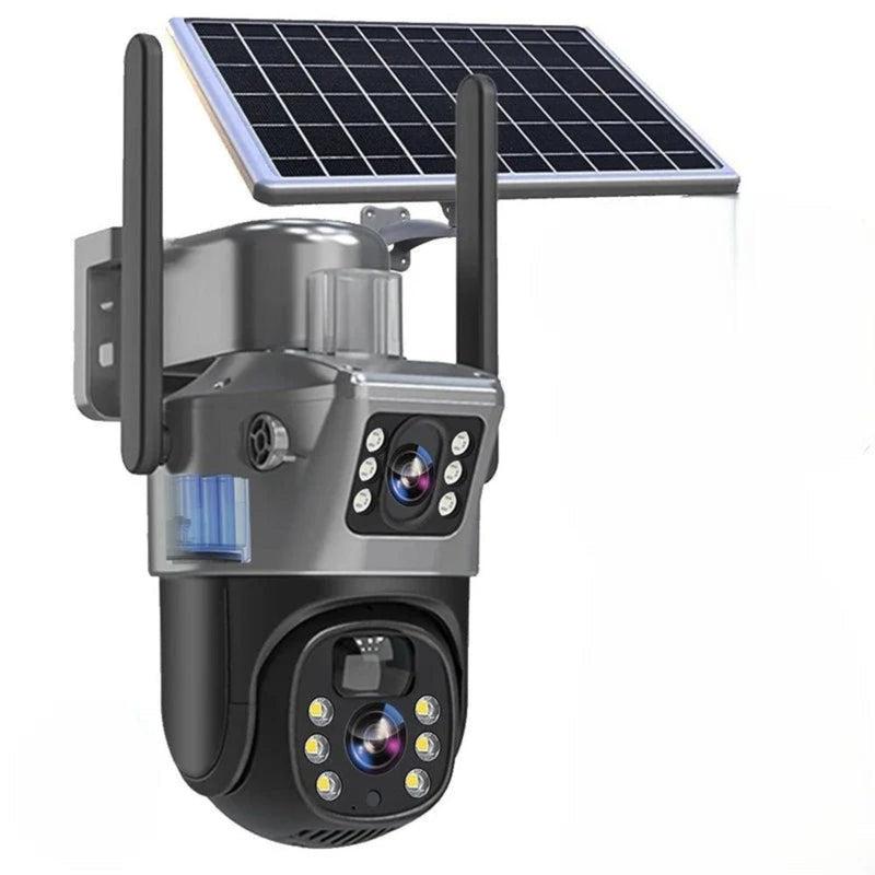 Outdoor wireless solar security camera with 4K resolution, motion detection for smart home surveillance & remote monitoring.