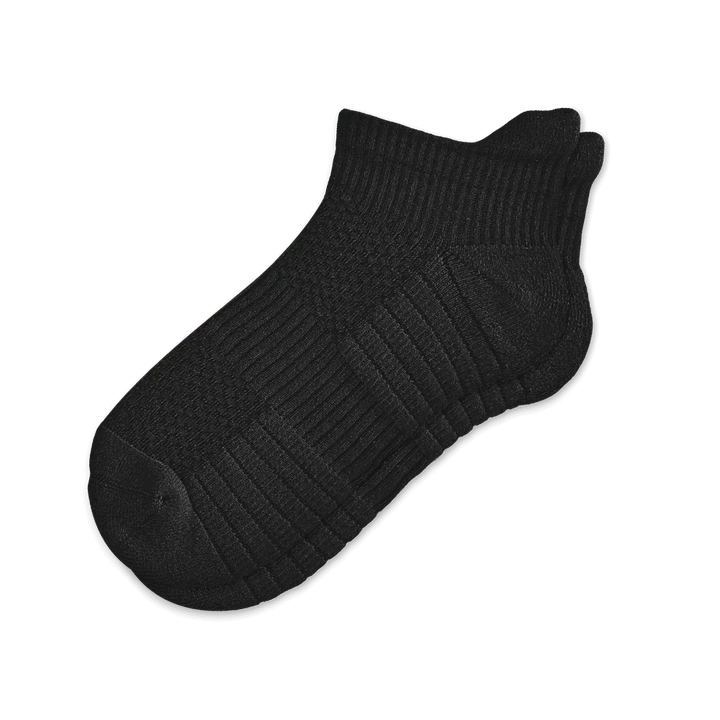Pair of black unisex ankle compression socks, showing ergonomic design for support & comfort