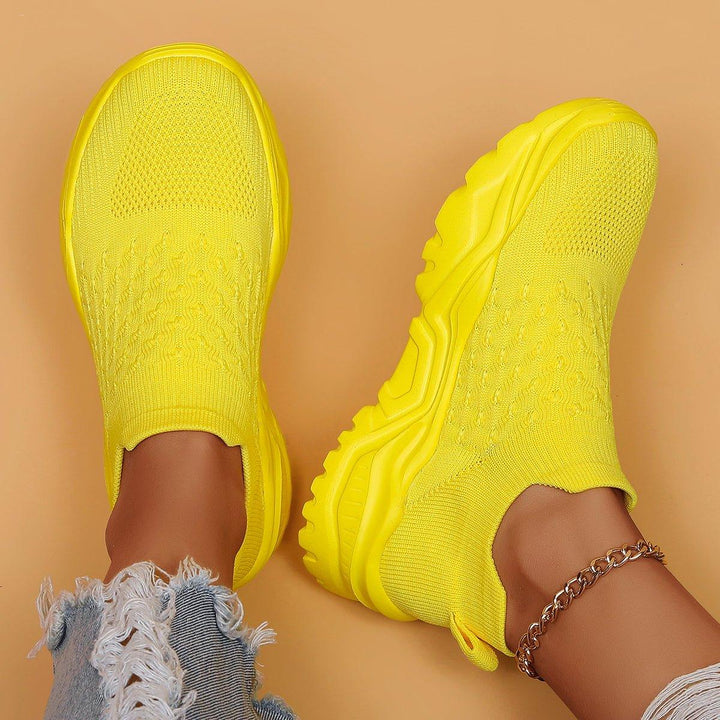 Casual outfit featuring yellow Ortho Cloud Slip-On Shoes, ideal for everyday and orthopedic support
