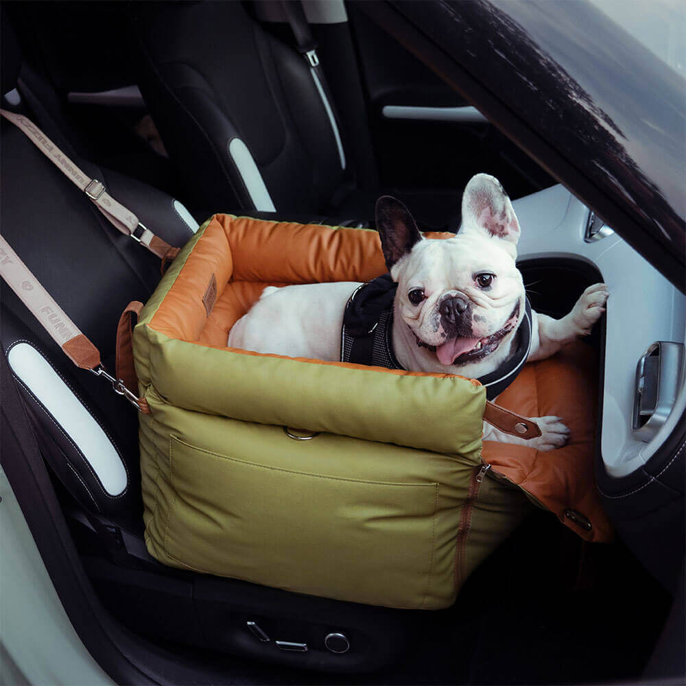Comfortable faux leather PawLuxury pet booster, perfect dog car travel accessory.