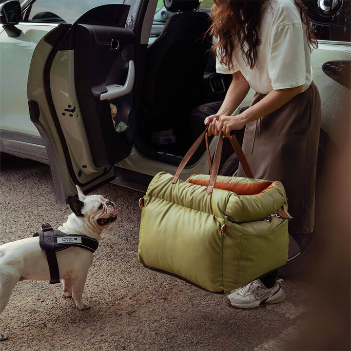 PawLuxury dog car seat, combines pet safety with a cozy, elevated travel bed.