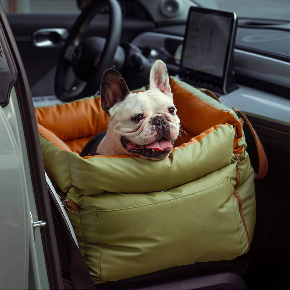 Portable PawLuxury dog car seat, offering a secure and cozy travel bed for pets.