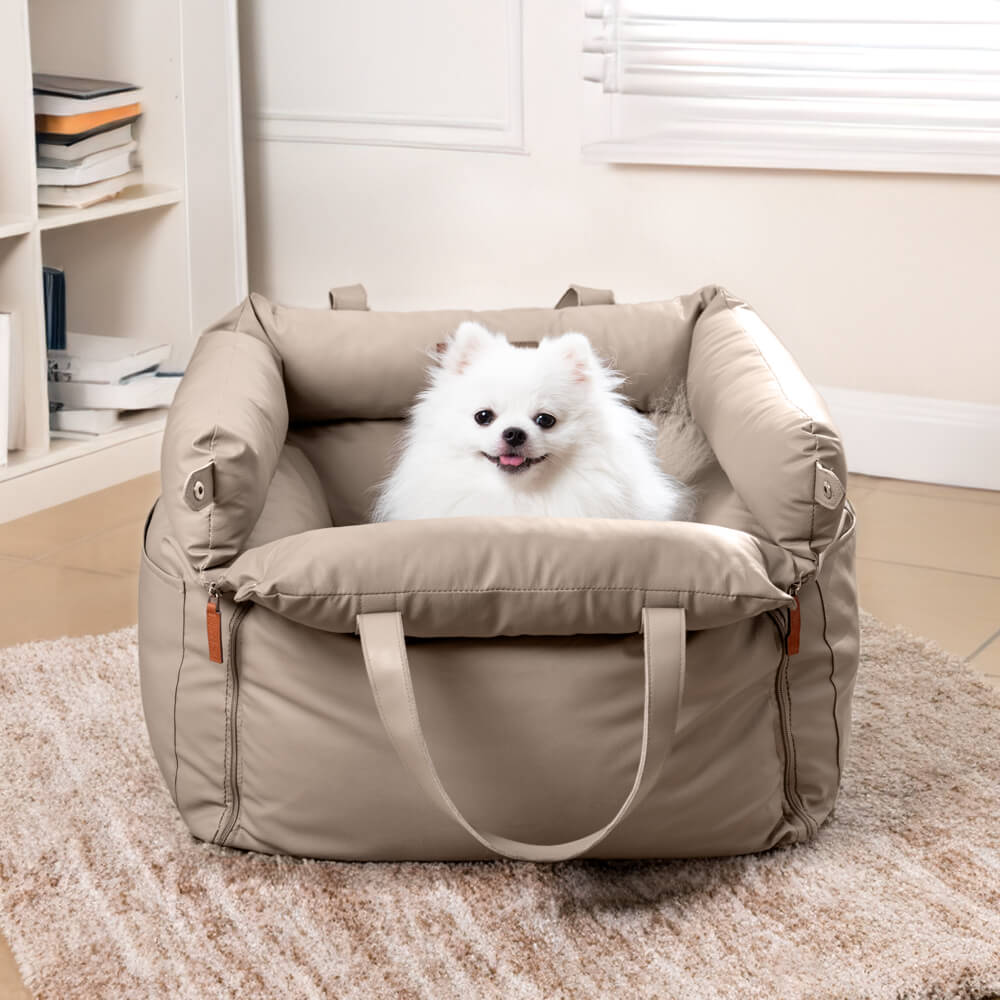 Comfortable PawLuxury faux leather pet booster, secure dog car seat accessory.