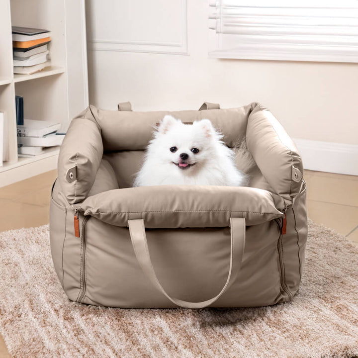 Comfortable PawLuxury faux leather pet booster, secure dog car seat accessory.
