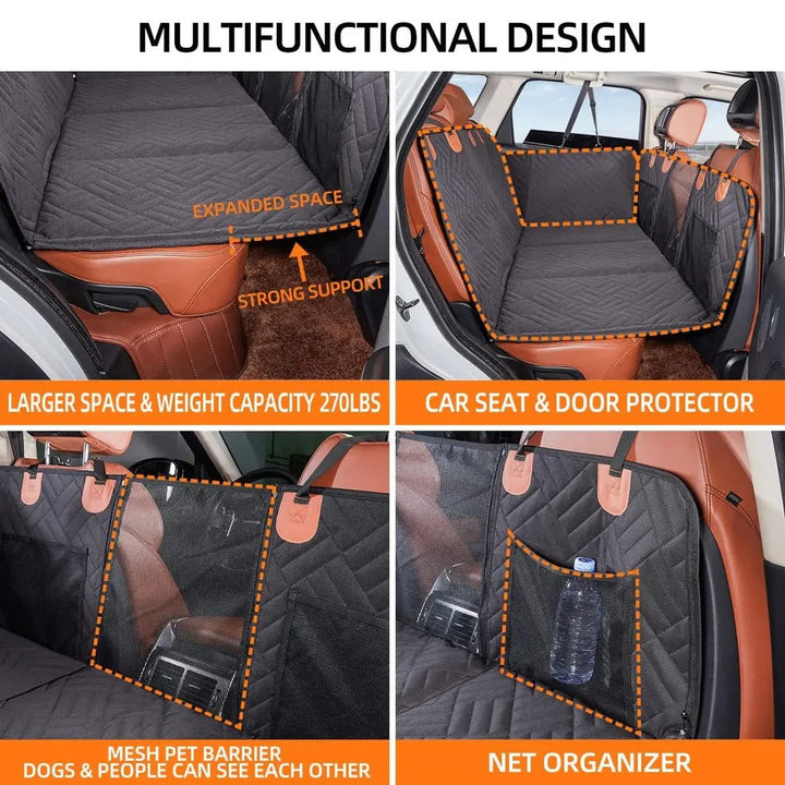 "Pet car seat extender with hard base, adjustable straps, side walls, for medium-large dogs in vehicle backseat."