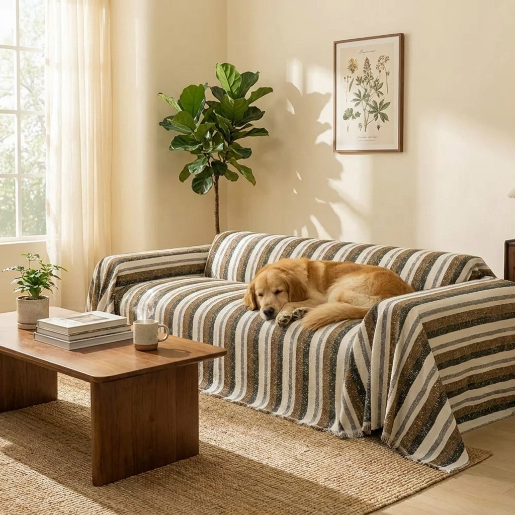 Pet-friendly all-season chenille sofa protector cover. Washable stretch-fit couch cover for living room furniture.