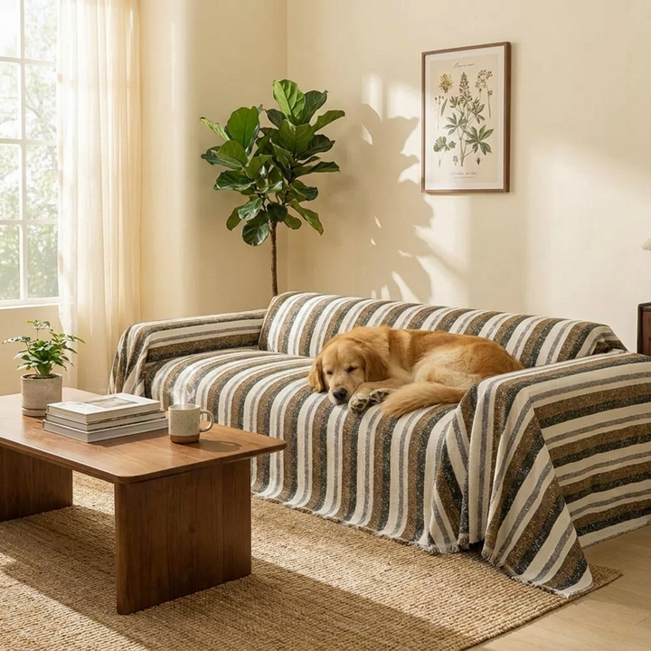 Pet-friendly all-season chenille sofa protector cover. Washable stretch-fit couch cover for living room furniture.