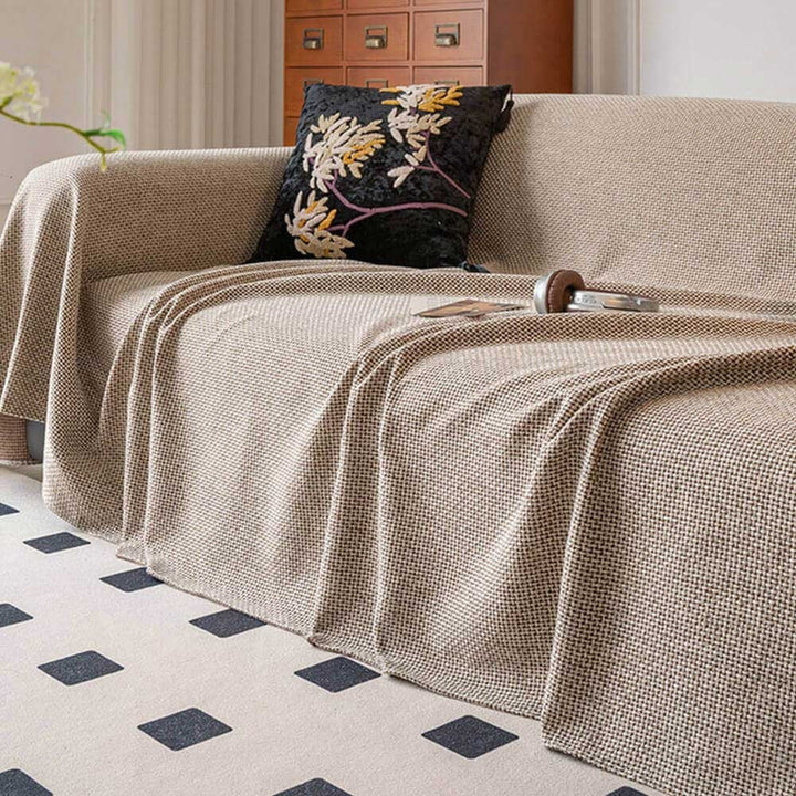 Pet-friendly linen-look scratch-resistant sofa cover protects furniture from pets. Durable & washable couch protector.
