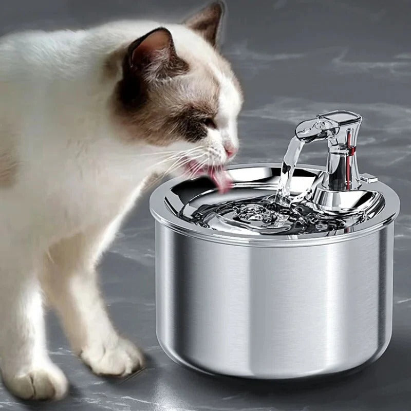 Pet's Smart Stainless Steel Water Fountain with filter & motion sensor for cats & dogs. Promotes hydration.