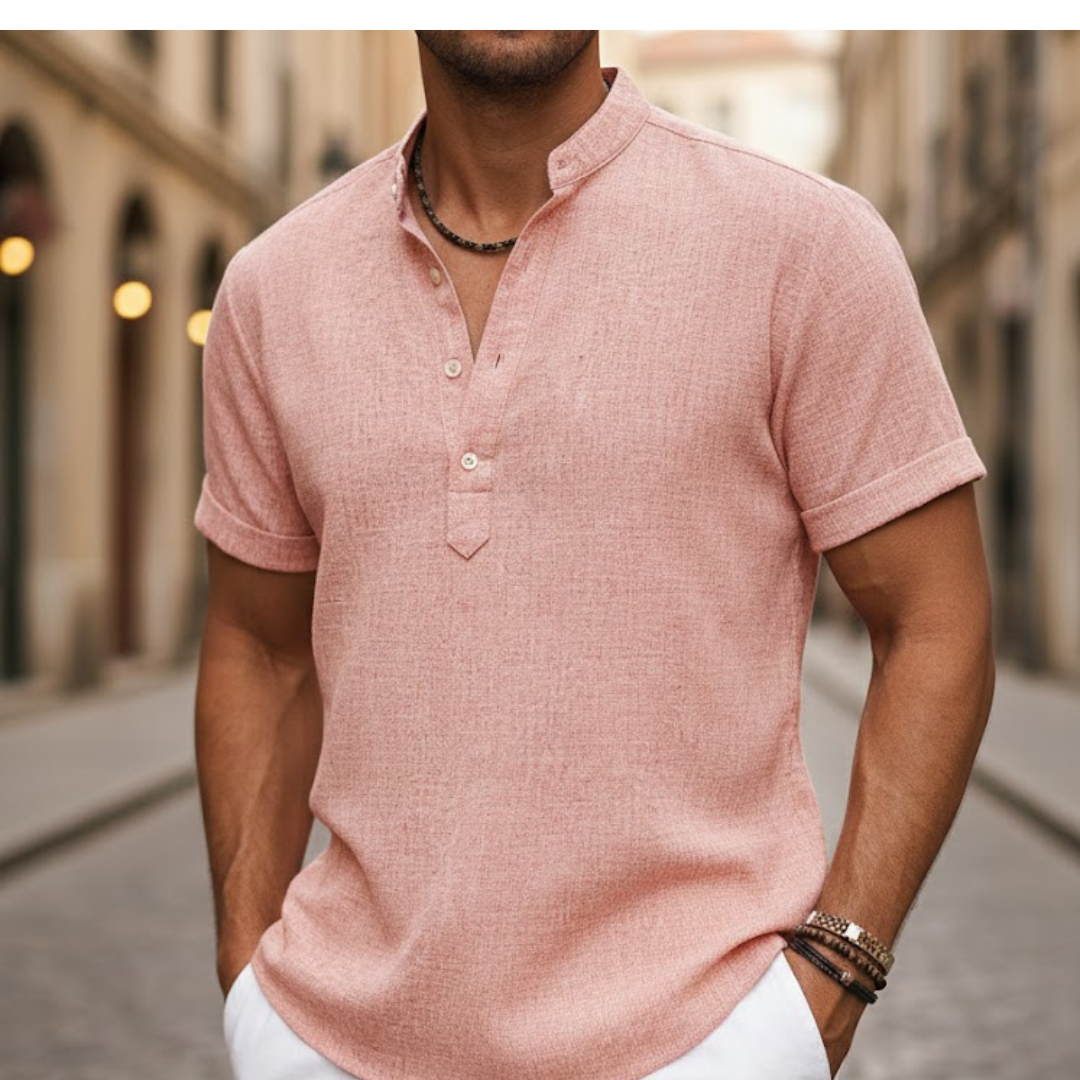 Pink men's lightweight short sleeve Henley shirt, ideal for casual summer wear.
