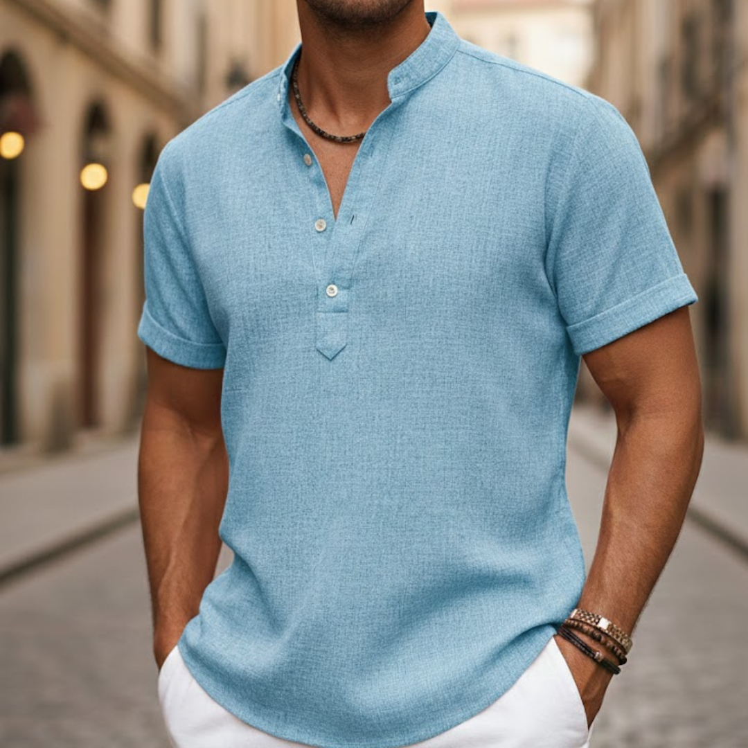 Blue breathable men's Henley polo shirt with short sleeves, perfect for comfort.