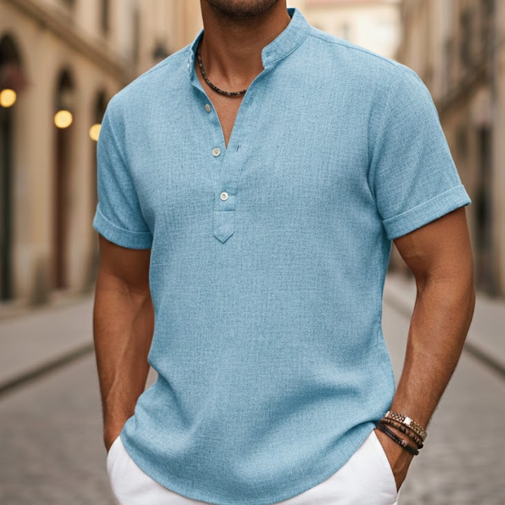 Blue breathable men's Henley polo shirt with short sleeves, perfect for comfort.