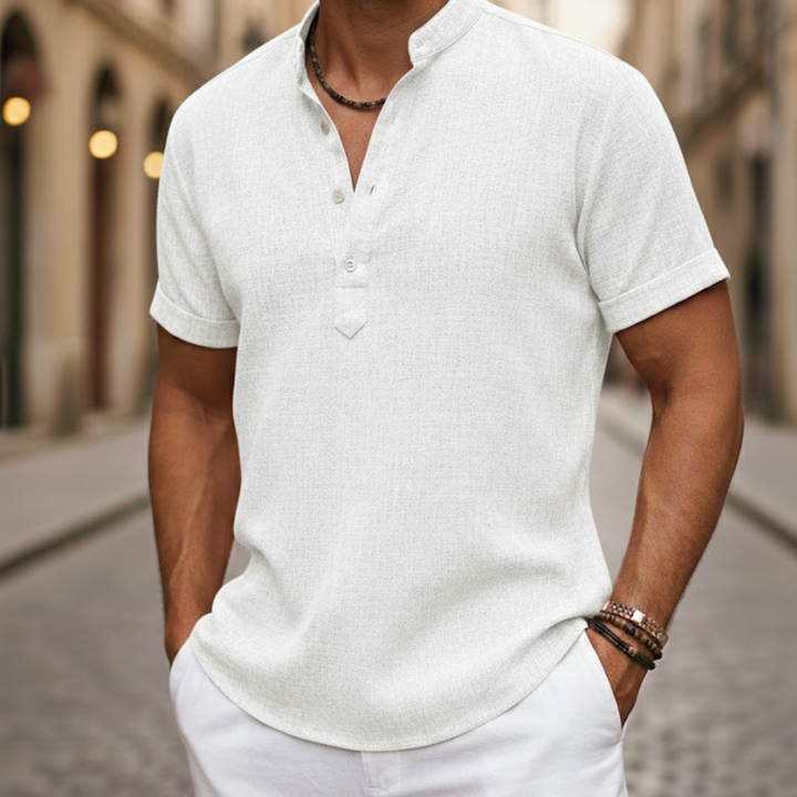 Taupe casual men's short sleeve Henley shirt, a comfortable summer essential.
