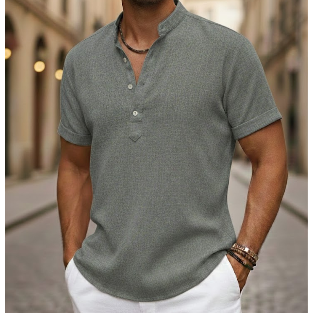 Gray lightweight men's Henley shirt, a breathable short sleeve polo for daily wear.