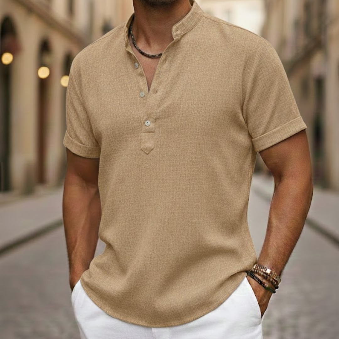 Beige men's comfortable short sleeve Henley shirt, great for spring and summer.