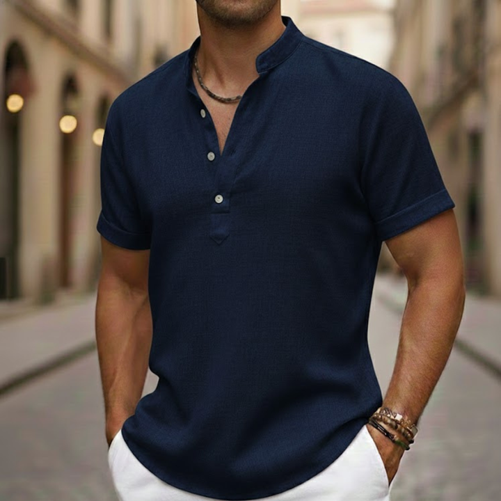 Navy men's lightweight short sleeve Henley polo, versatile casual attire.