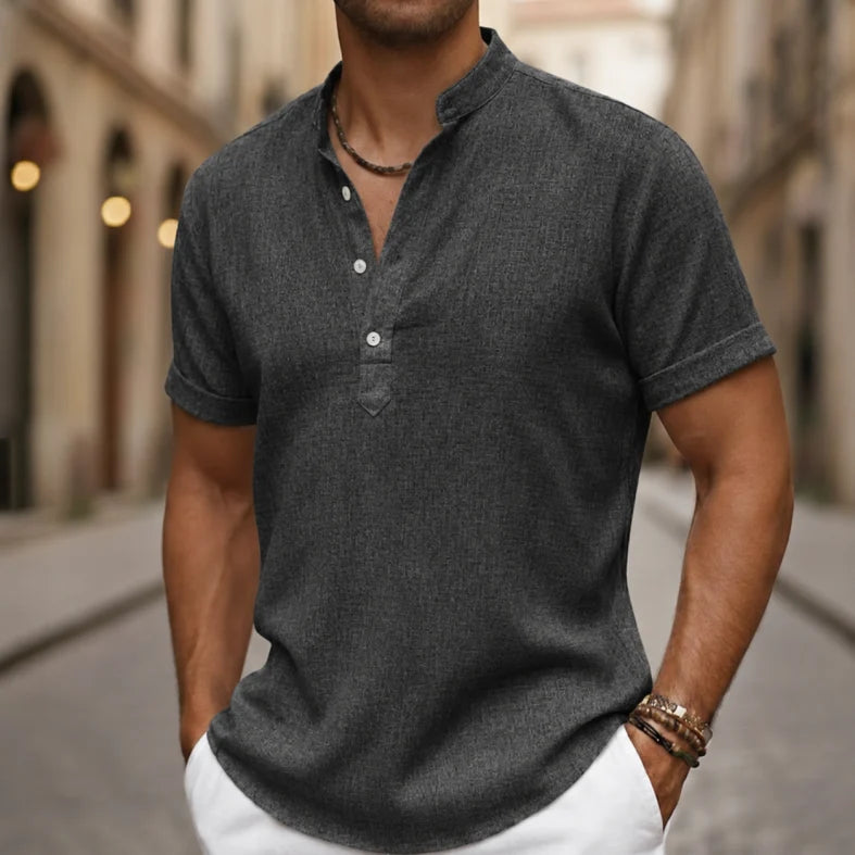 Black breathable men's short sleeve Henley shirt, a stylish summer basic.
