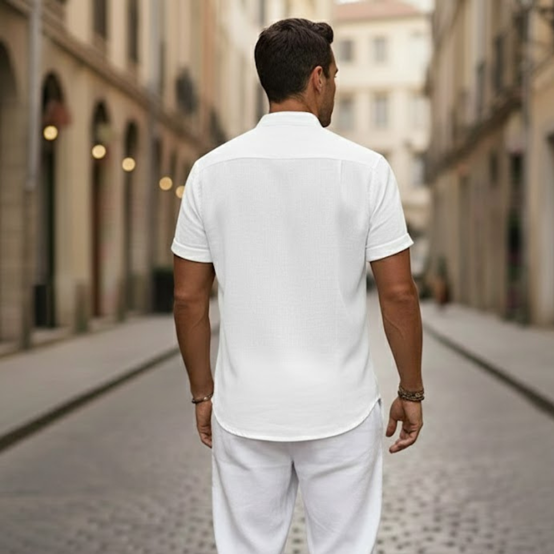 Lightweight men's short sleeve Henley shirt in pink, a breathable polo for summer.