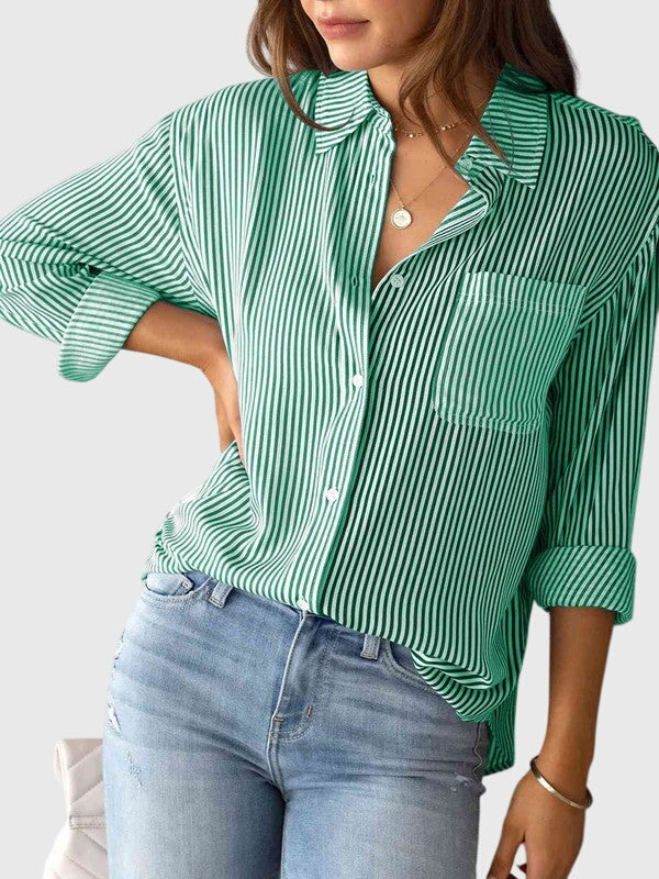 Elegant sand striped long-sleeve women's shirt, suitable for office or daily wear.