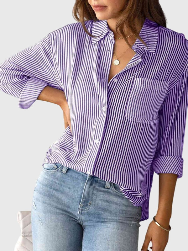 Effortless blue striped long-sleeve women's shirt, ideal for office & casual style.