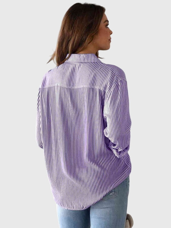 Women's blue striped collared shirt, a chic & versatile long-sleeve top.