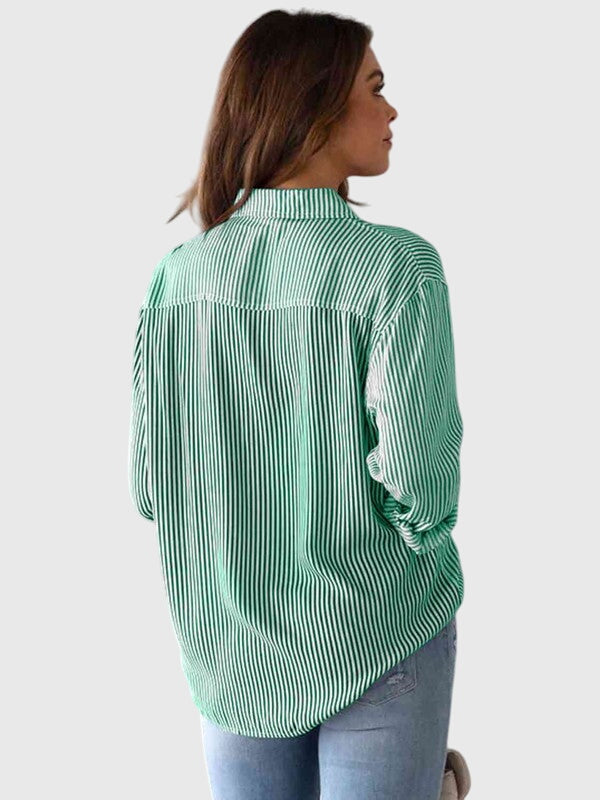 Green striped collared long-sleeve women's shirt, versatile for casual & office wear.