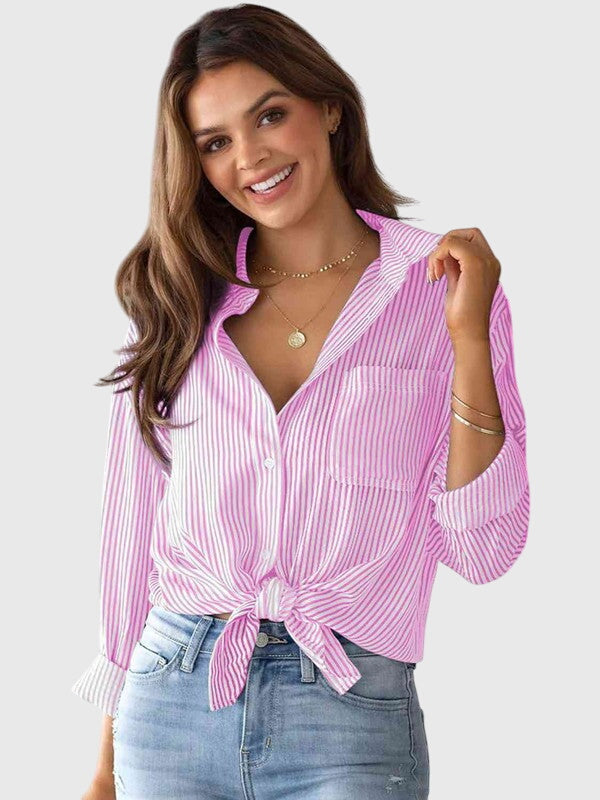 Stylish pink striped collared women's top, perfect everyday fashion.