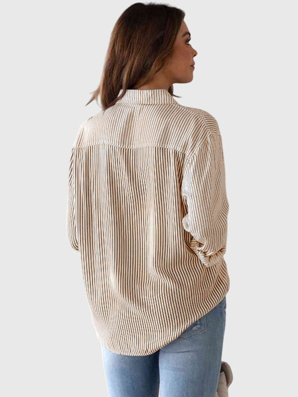 Casual green striped collared women's shirt, a stylish everyday long-sleeve top.