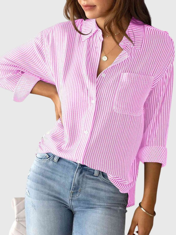 Elegant pink striped long-sleeve women's shirt, suitable for office or daily wear.