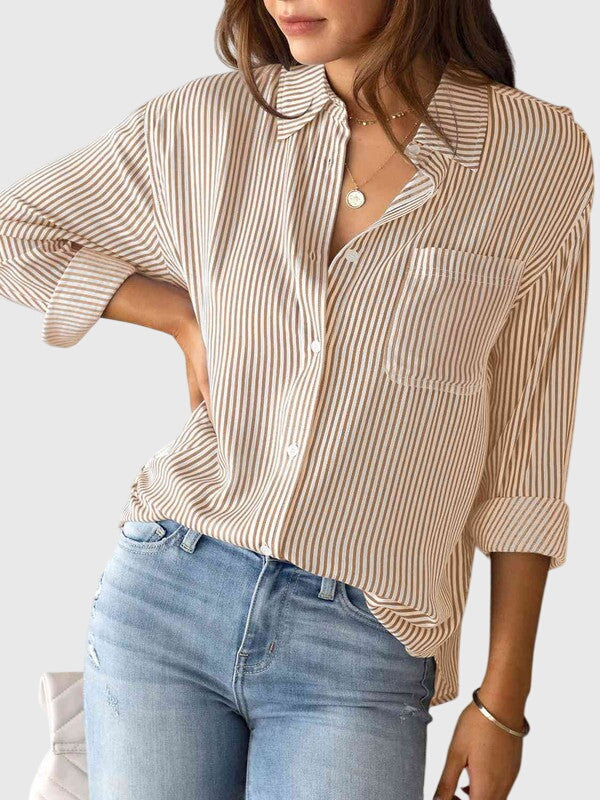 Stylish sand striped collared women's top, perfect everyday fashion.