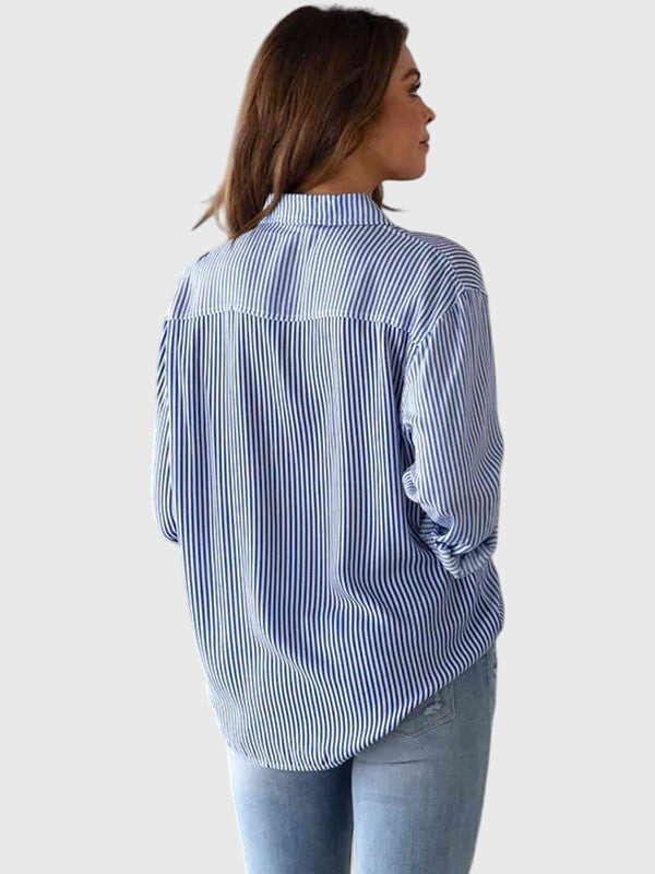 Effortless sand striped long-sleeve women's shirt, ideal for office & casual style.