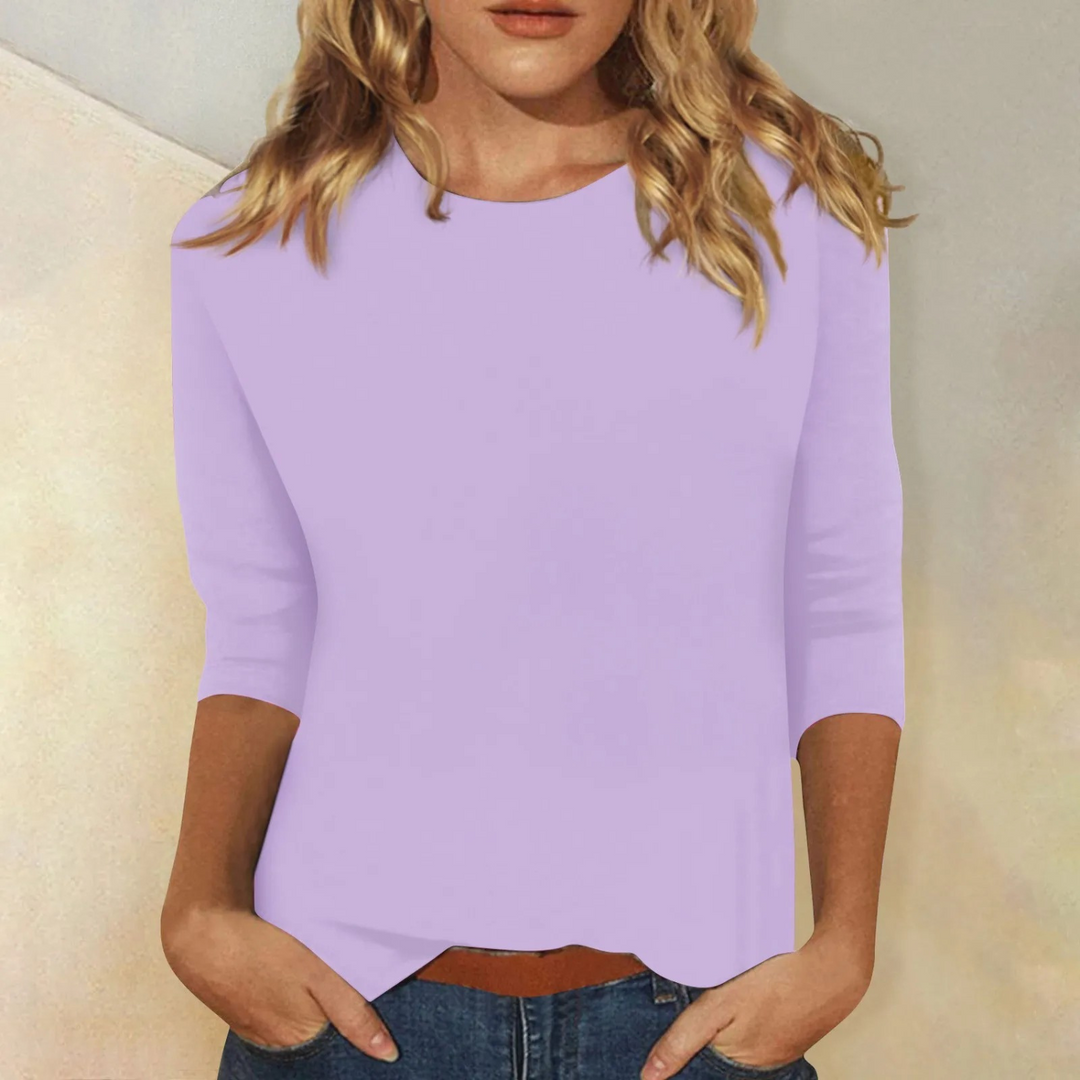 Black women's minimalist style 3/4 sleeve round neck top, ideal for comfortable everyday outfits.