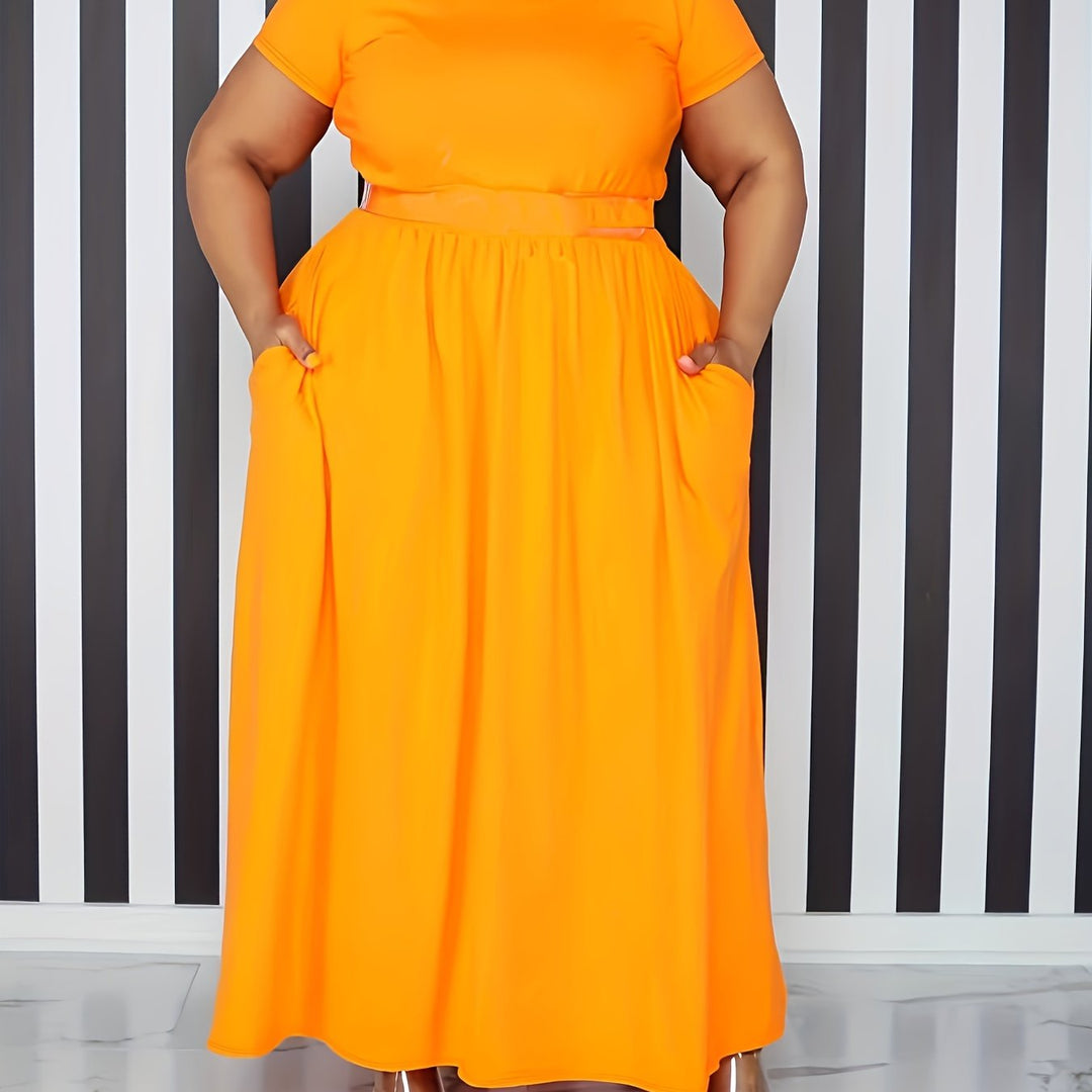 Elegant plus size short sleeve maxi dress for women, flowy and comfortable with pockets.