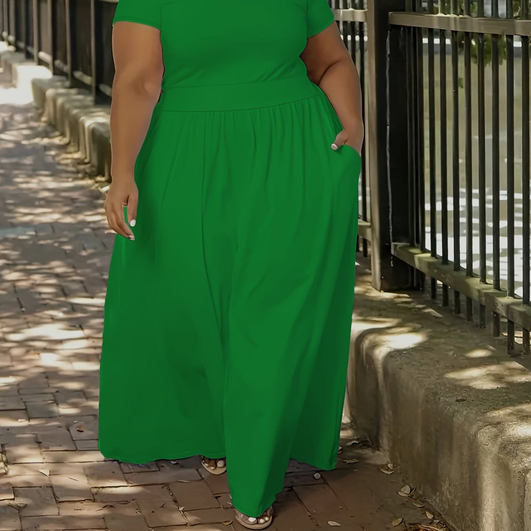 Women's plus size short sleeve flowy maxi dress, versatile for elegant or casual events.