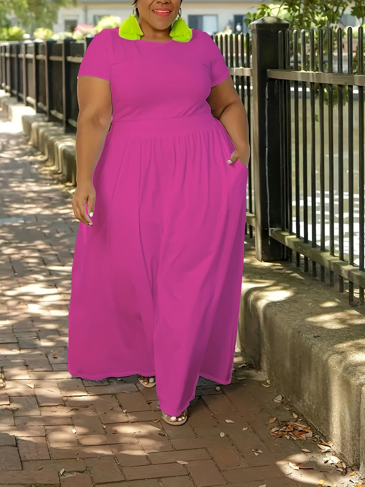 Women's plus size summer maxi dress, flowy fit, practical side pockets.
