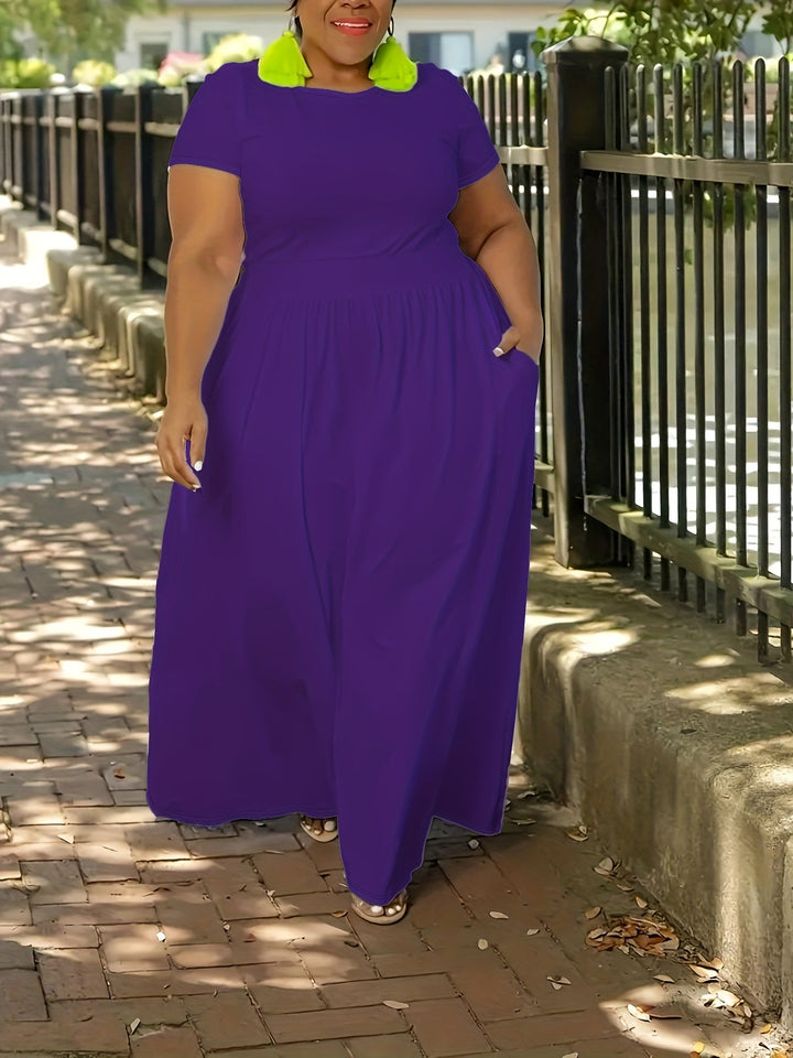 Comfortable plus size women's dress, short sleeve, elegant flowy maxi style.