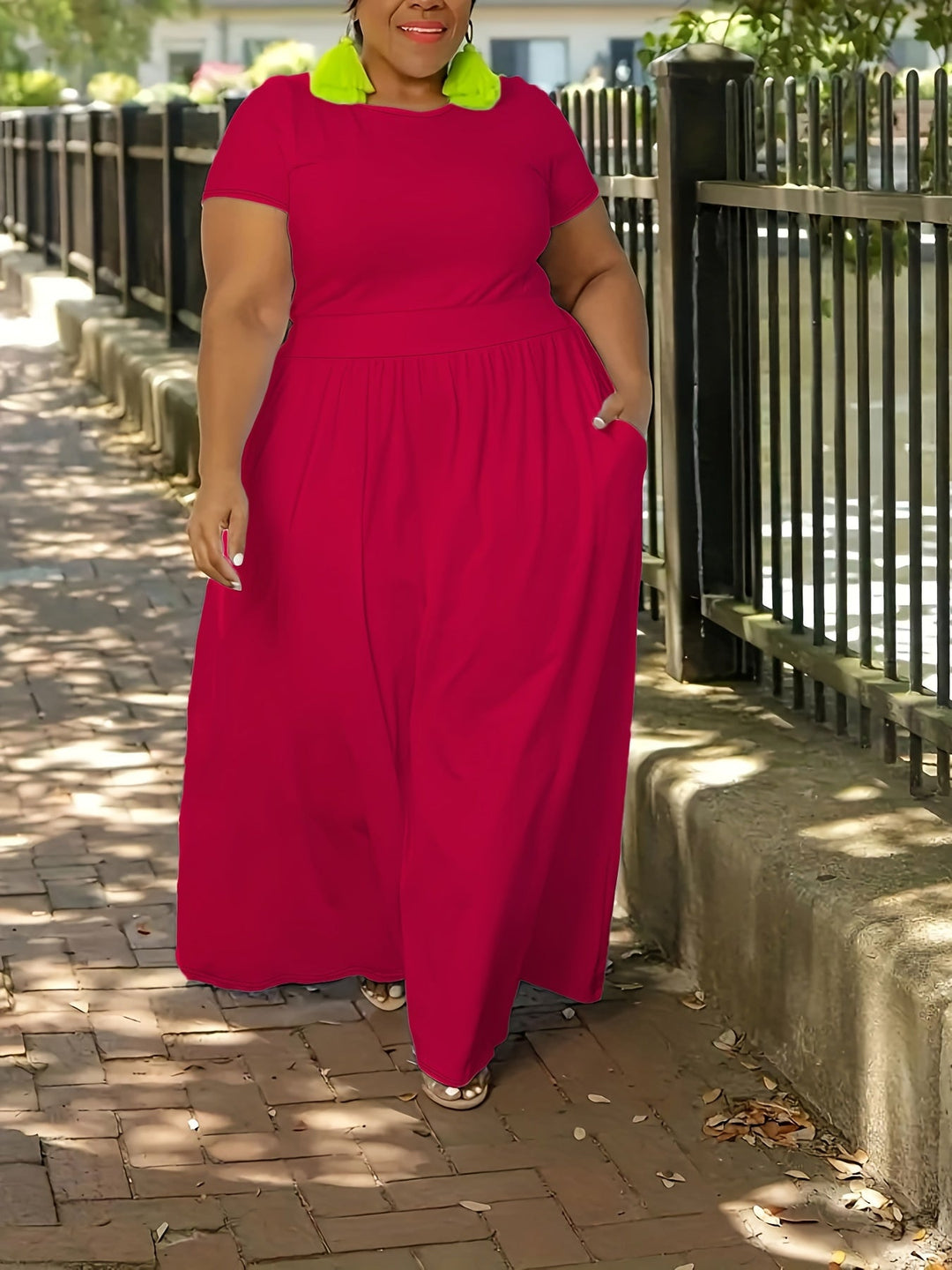 Flowy plus size short sleeve maxi dress, a comfortable women's casual summer staple.