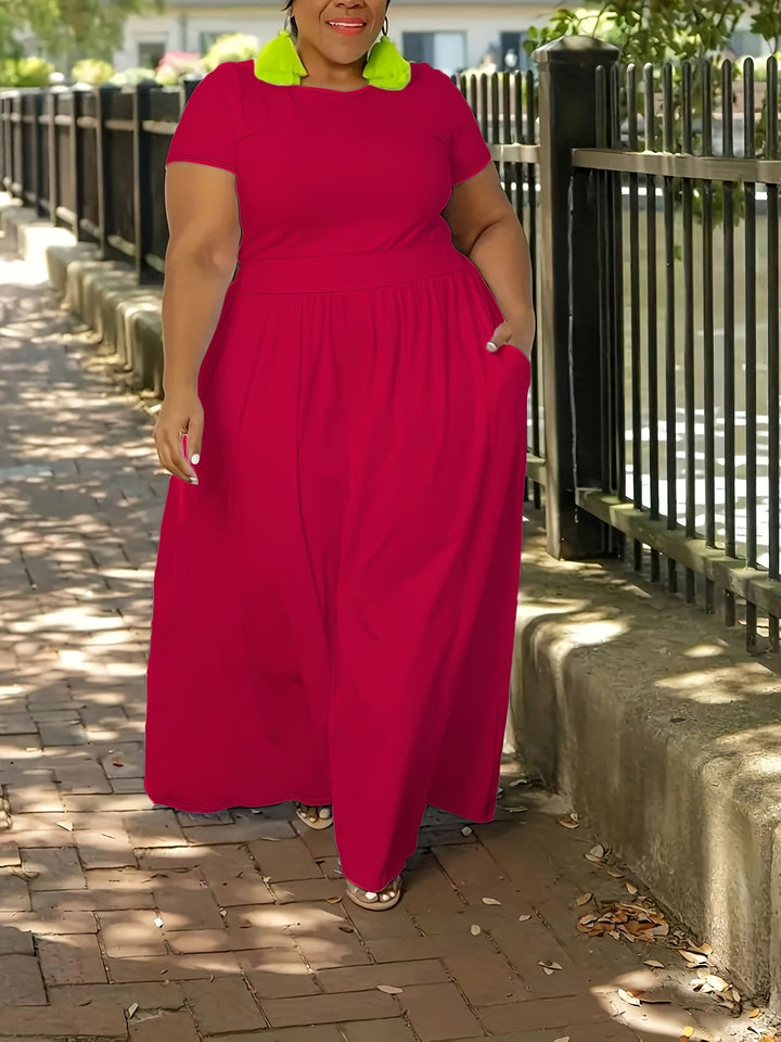 Flowy plus size short sleeve maxi dress, a comfortable women's casual summer staple.
