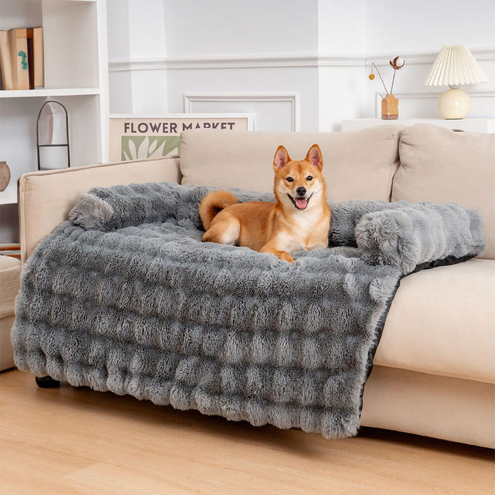Plush calming dog sofa mat for ultimate pet comfort, anti-slip & washable furniture protector.